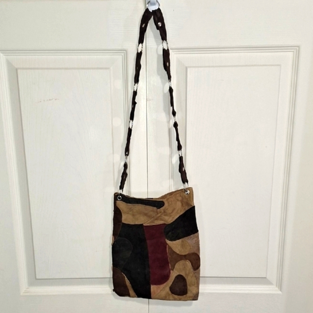 Genuine Leather Made In Spain Butterfly Floral Brown Tan Patchwork Crossbody Bag - Picture 2 of 6